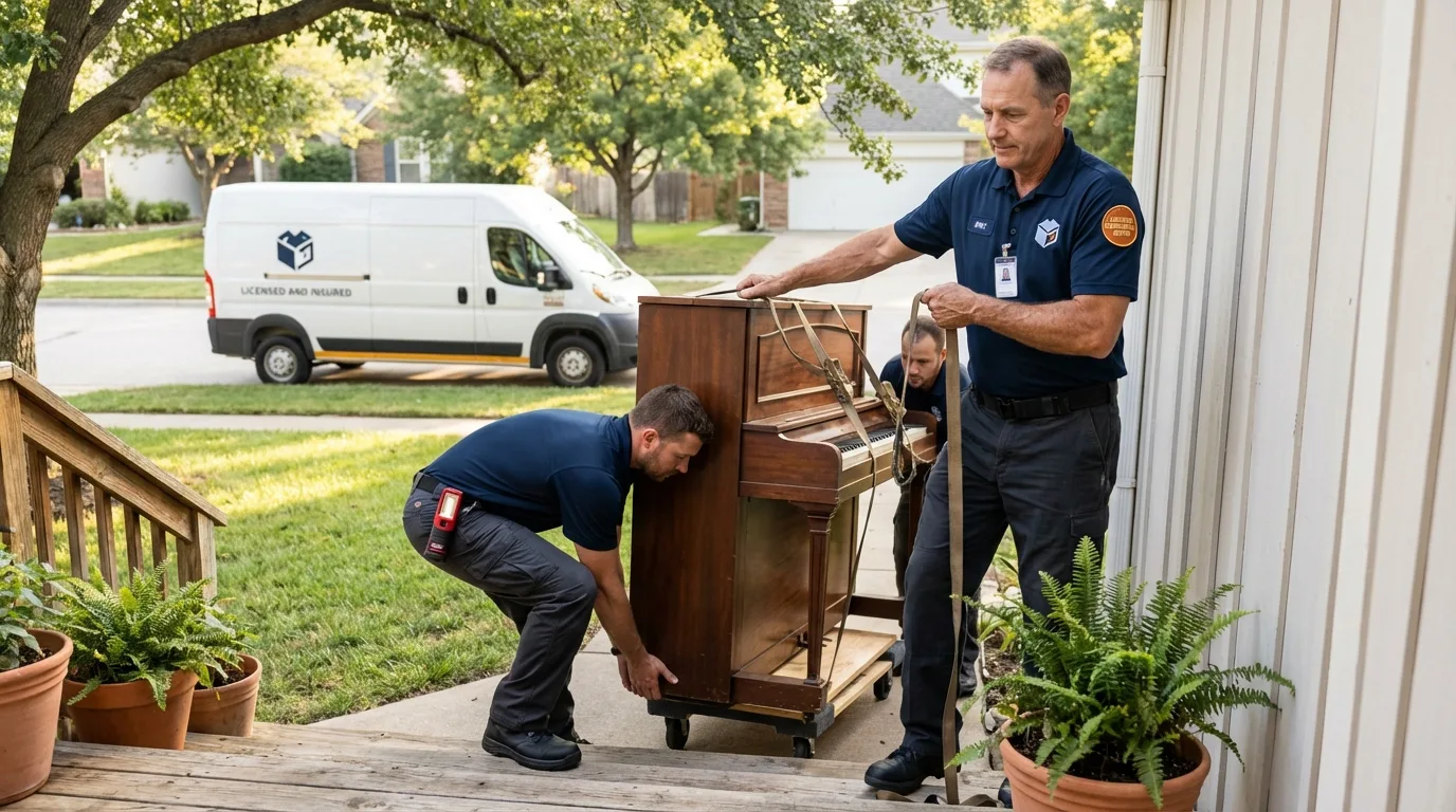 Licensed piano movers securing grand piano in Hollister, MO